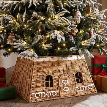 Christmas Gingerbread House Tree Collar, 17 in, Rattan, Brown