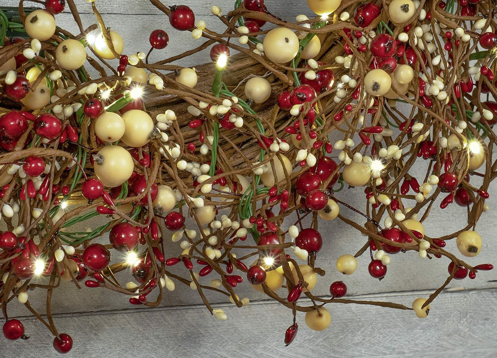 30" Light-Up Christmas Wreath with Red and Cream Pip Berries, Battery-Operated LED Lights with Timer