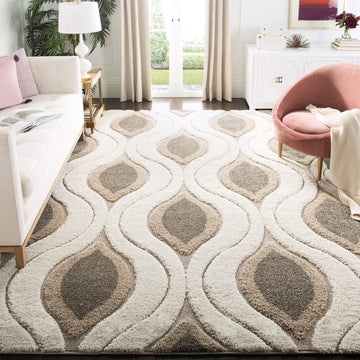 Florida Shag Collection Area Rug - 6'7" Square, Cream & Smoke, Modern Ogee Design, Non-Shedding & Easy Care, 1.2-inch