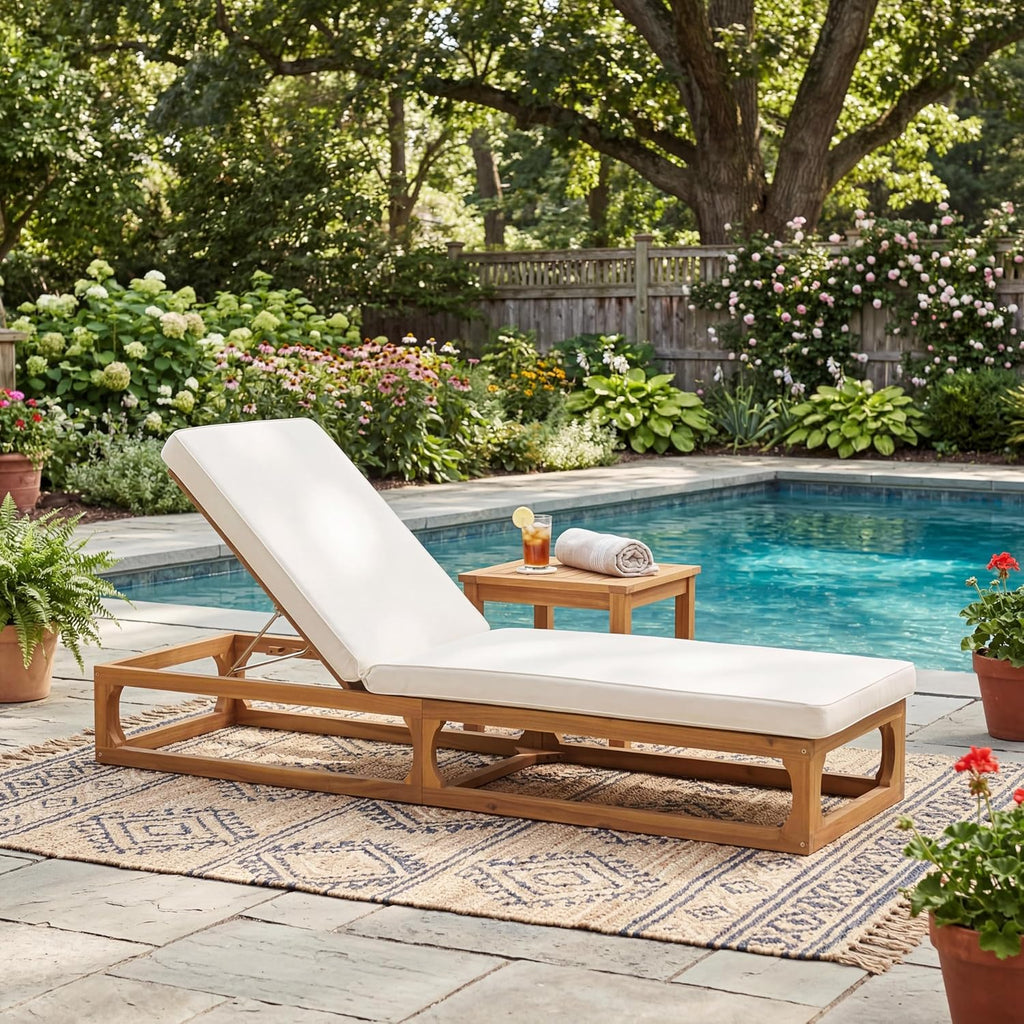 Modern Patio Chaise Lounge Chair Outdoor, Acacia Wood Poolside Sun Lounger with Cushion, Open Frame Pool Lounger