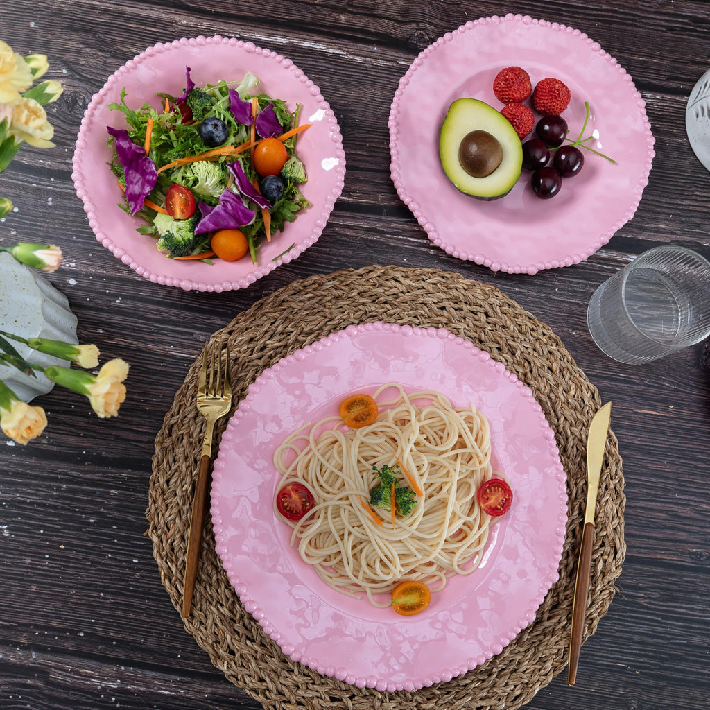 Pink Dishes Melamine Dinnerware Sets, 18 Piece Kitchen Plates and Bowls tableware Set, Lightweight, BPA free Beaded