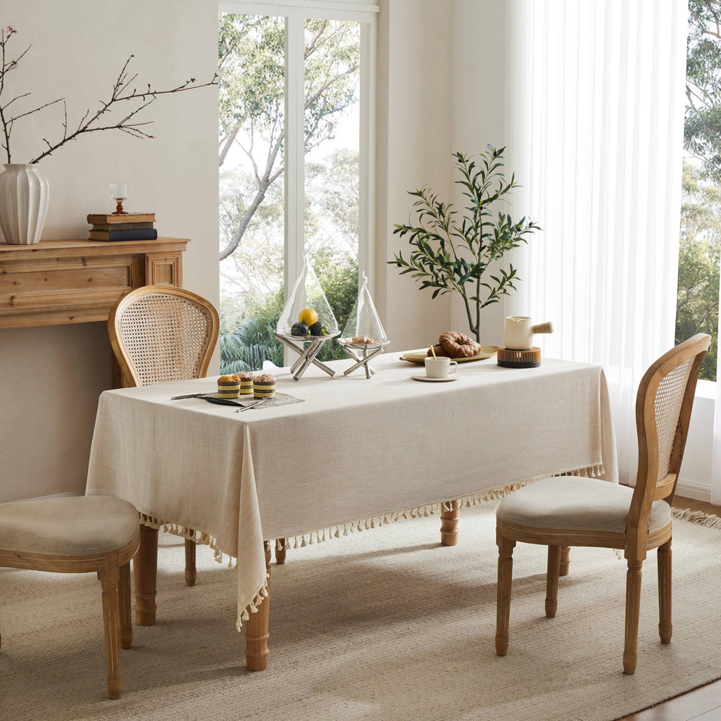 Tassel Linen Rectangular Table Cloth, Light Tan 52x70 Inch