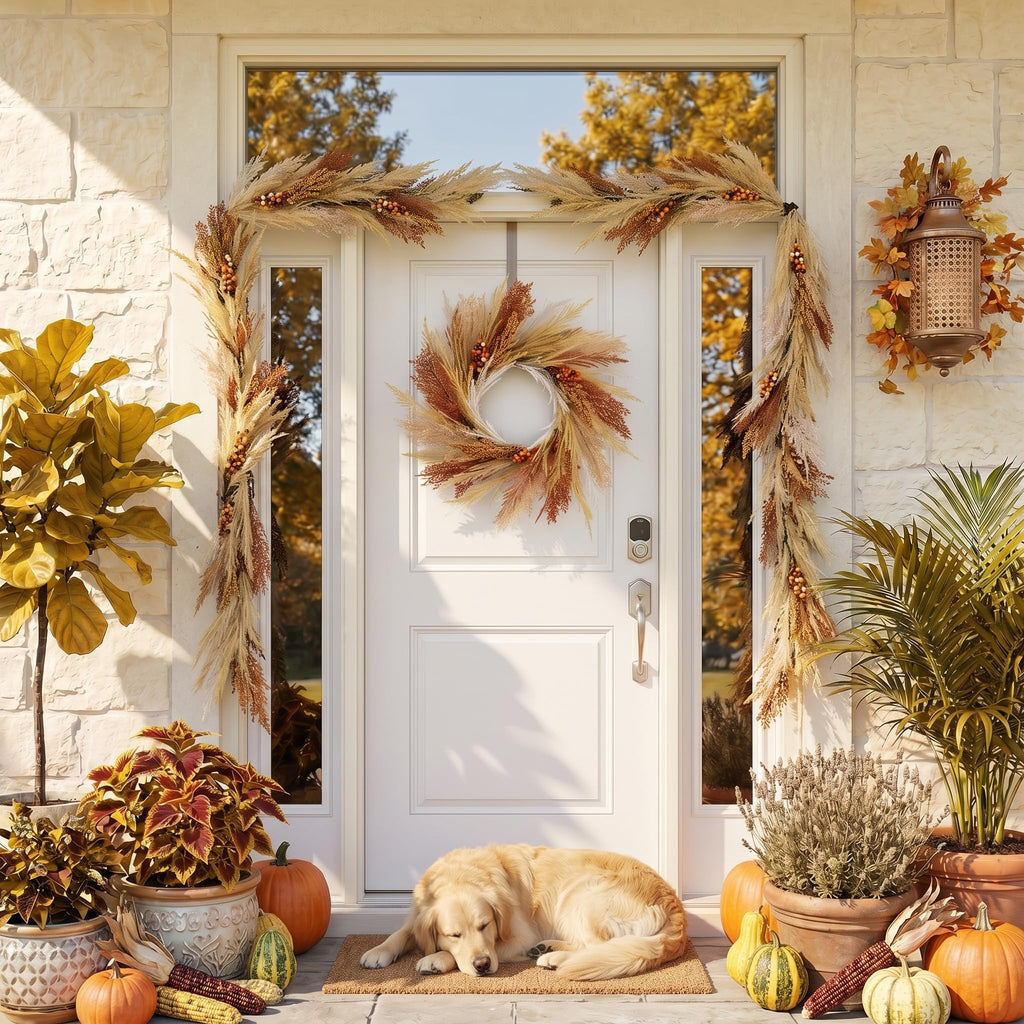 18'' Neutral Fall Pampas Wreath with Lights for Front Door