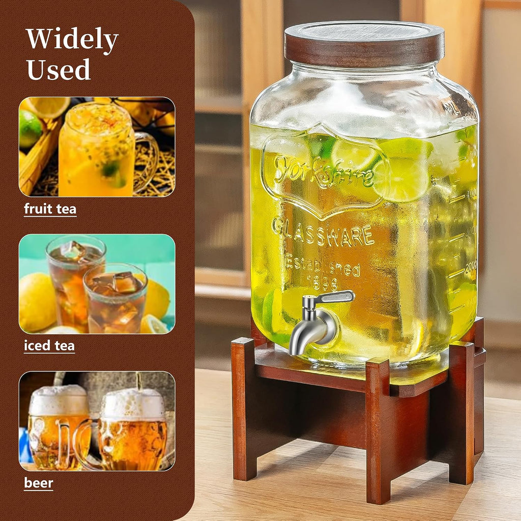 2 Gallon Drink Dispenser for Parties with Acacia Wood Stand and Lid