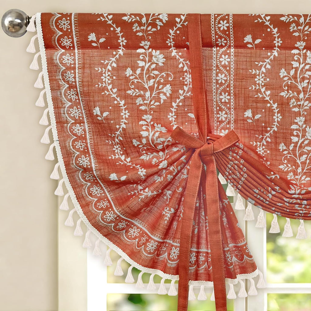Boho Valance Curtains Vintage Linen Kitchen Valances for Windows Light Filtering Floral Valance Rod Pocket Farmhouse