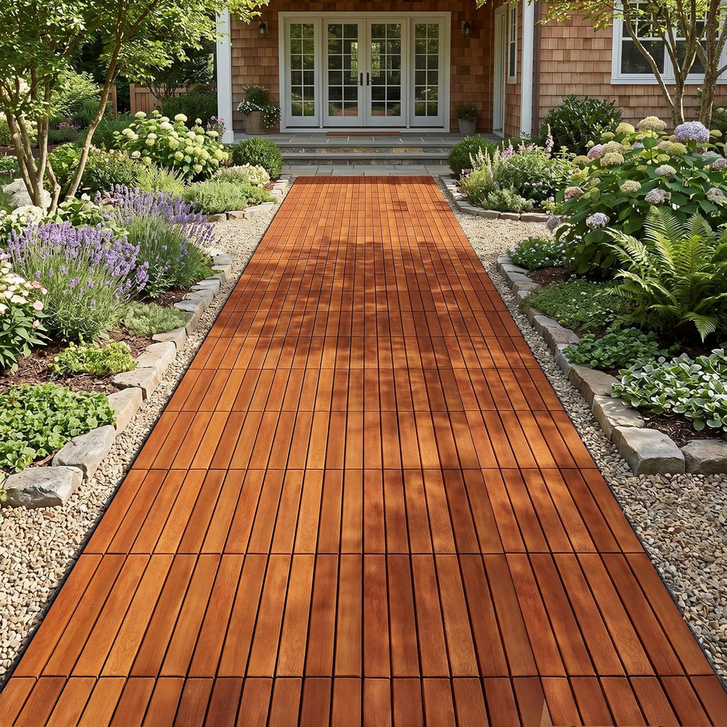 Interlocking Deck Tiles 12”x12”, Acacia Wood Patio Tiles, Waterproof Flooring Tiles for Indoor and Outdoor - Non-Slip