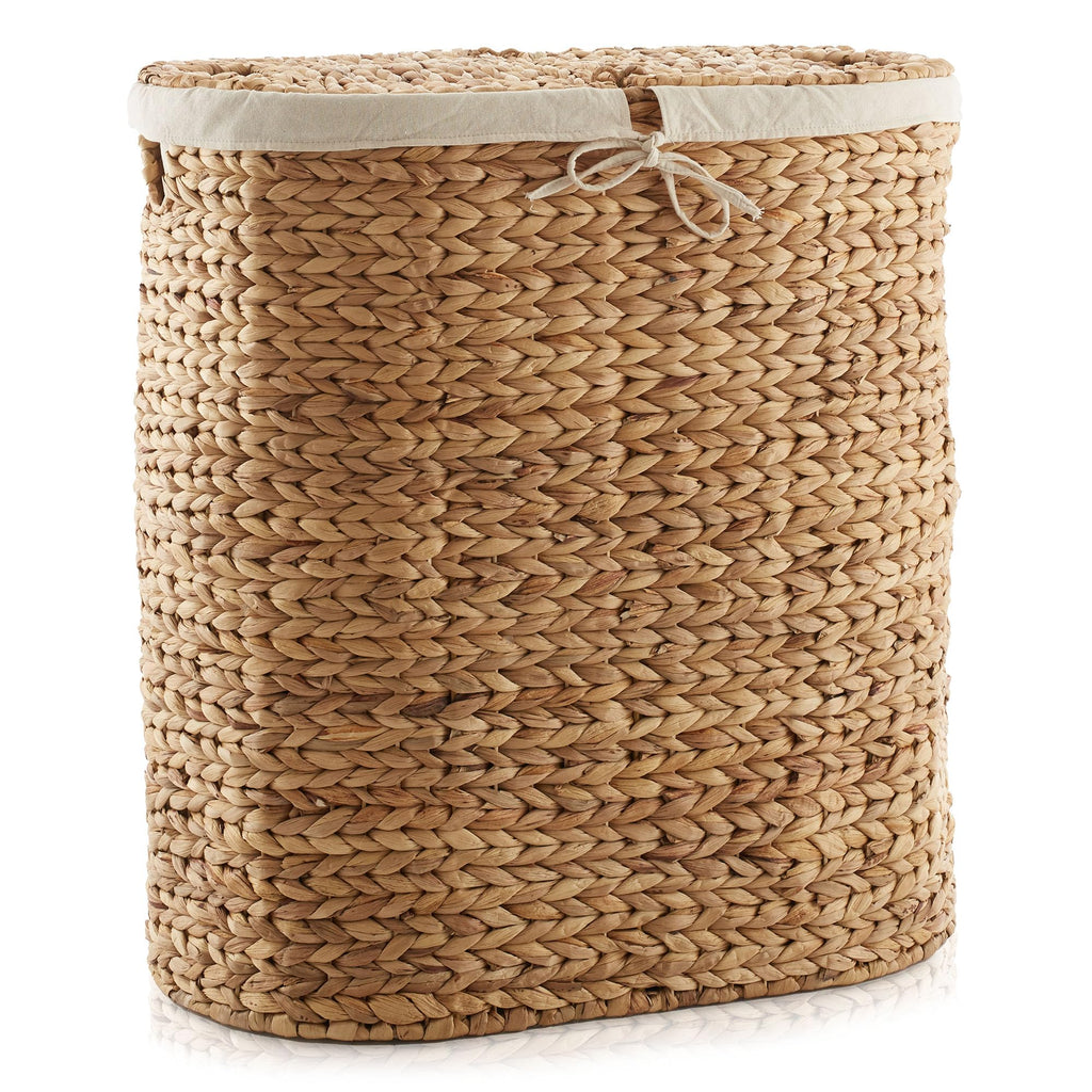 Oval Laundry Hamper with Lids and Removable Liner Bags - Natural, Woven Water Hyacinth 2-Section Laundry Basket