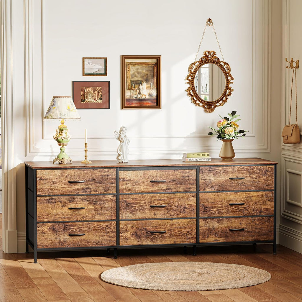 63 Inch Dresser , Dresser for Closet with 9 Fabric Drawers, Large TV Stand for 55, 65, 70 Inch TV, Entertainment