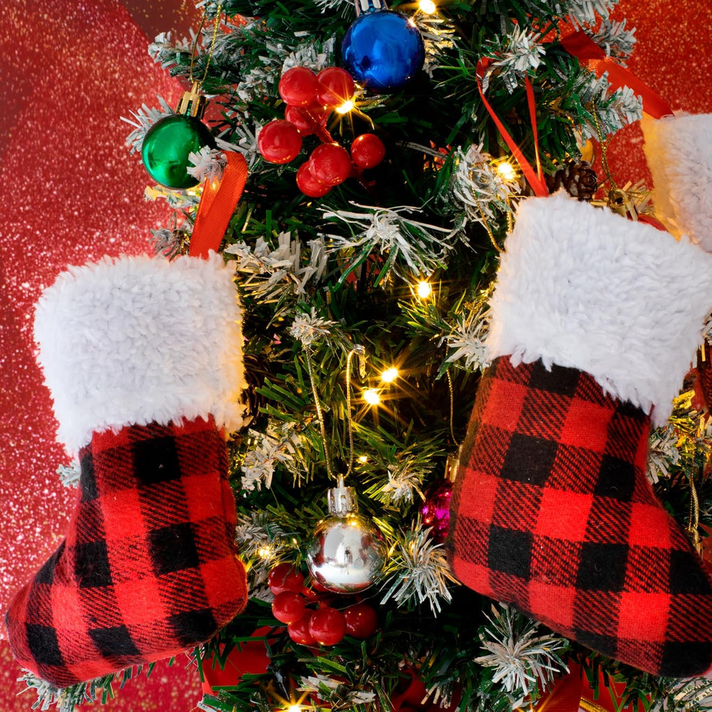 5" Mini ,Red Black Plaid Xmas Stockings Decoration, Party Favors and Holiday Season Supplies - Set of 12