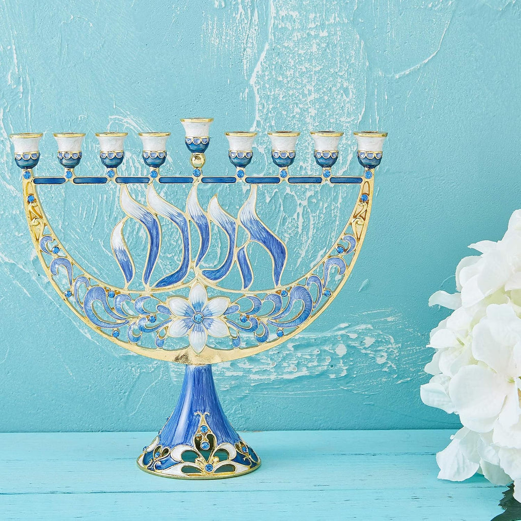 Hand Painted Enamel Candelabra with Flower and Hanukkah