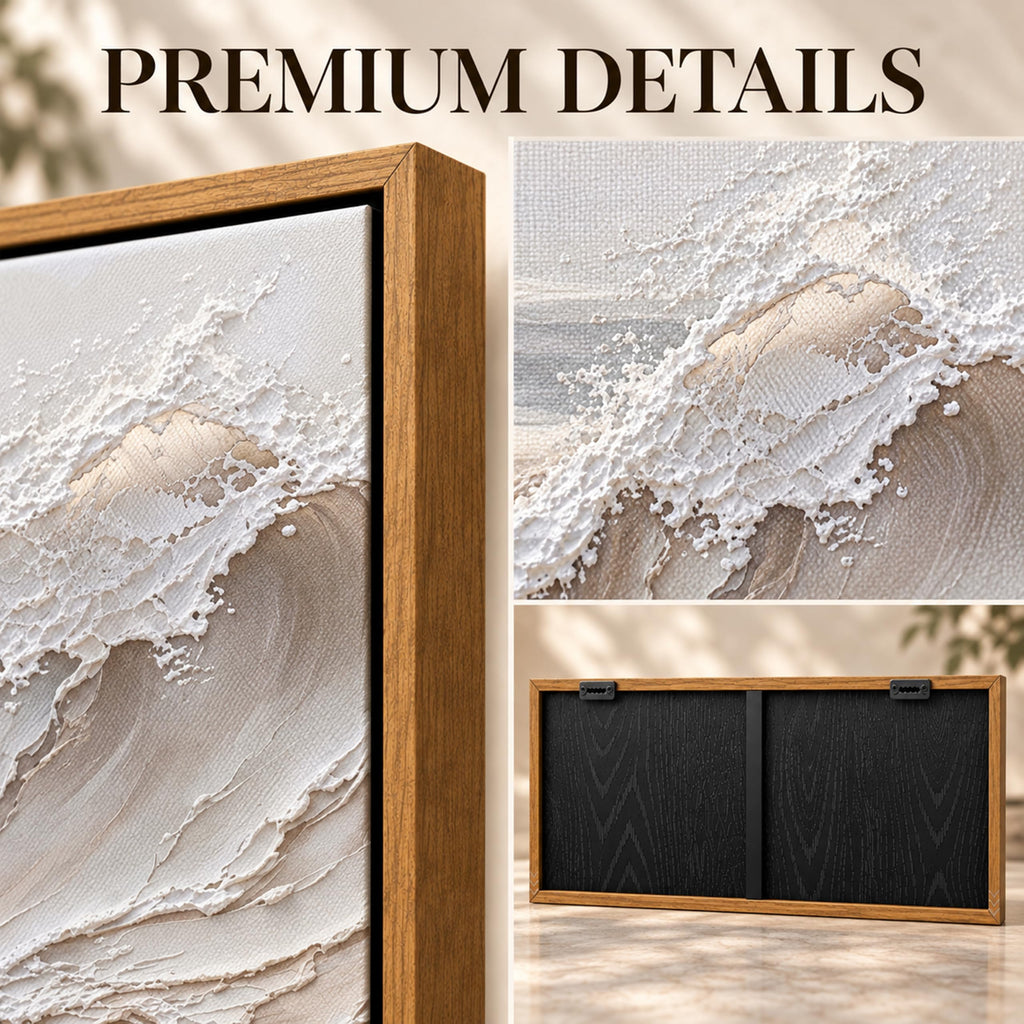 Neutral Ocean Wave Wall Art, Framed Textured Canvas, 16x32 Inch