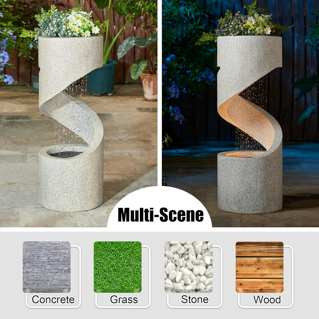Outdoor Water Fountain with LED Light, Decorative Tiered Curved Waterfall Fountain with Stone Planter, Faux Terrazzo