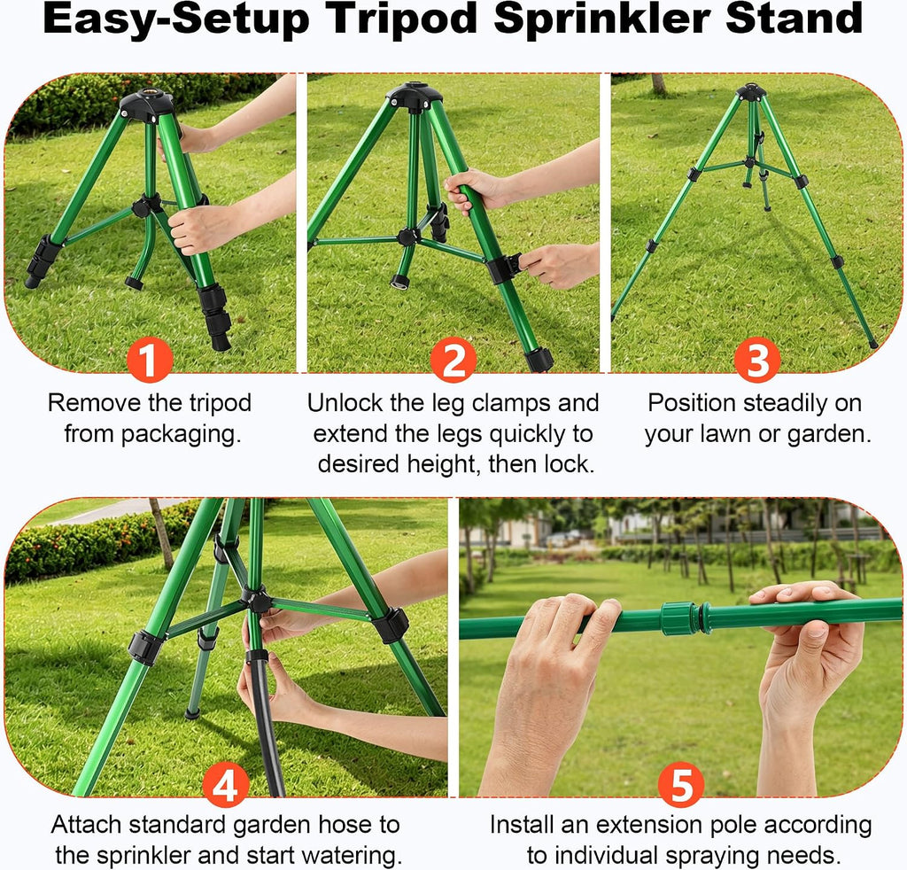 Oscillating Sprinkler Head on Telescoping Tripod Base with 2 Sprinkler Extensions, Heavy Duty Lawn Sprinklers, 360°
