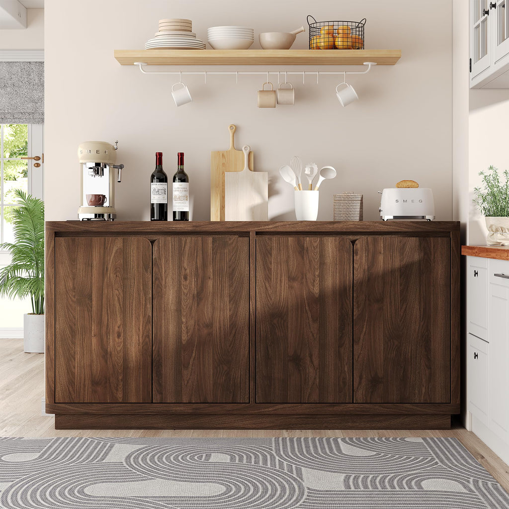 63" Buffet Cabinet with Storage & Power Outlet, Wood Sideboard Credenza with Double-Arc Doors, Modern Coffee Bar