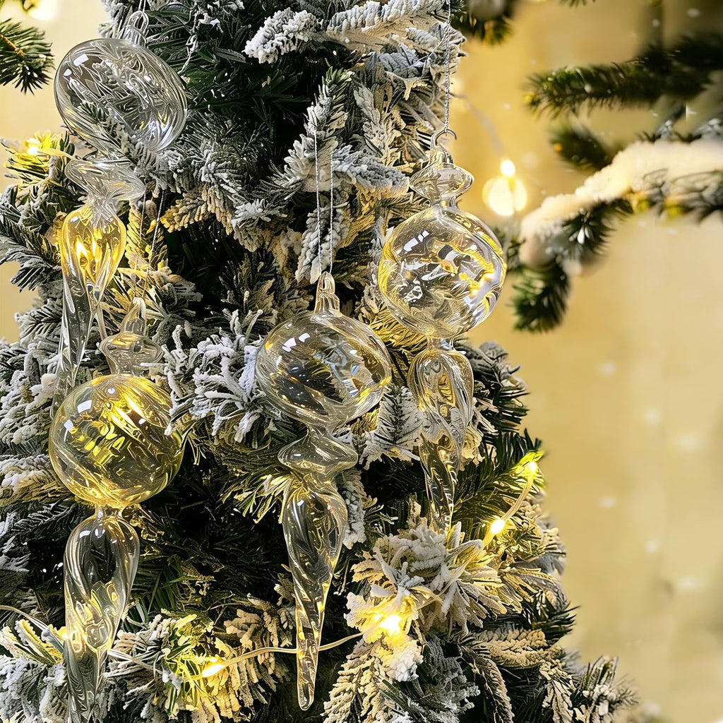 6-Inch Hand-Blown Glass Finial Christmas Tree Hanging Ornaments -Large Elegant Clear Glass Vintage Holiday - Set of 6