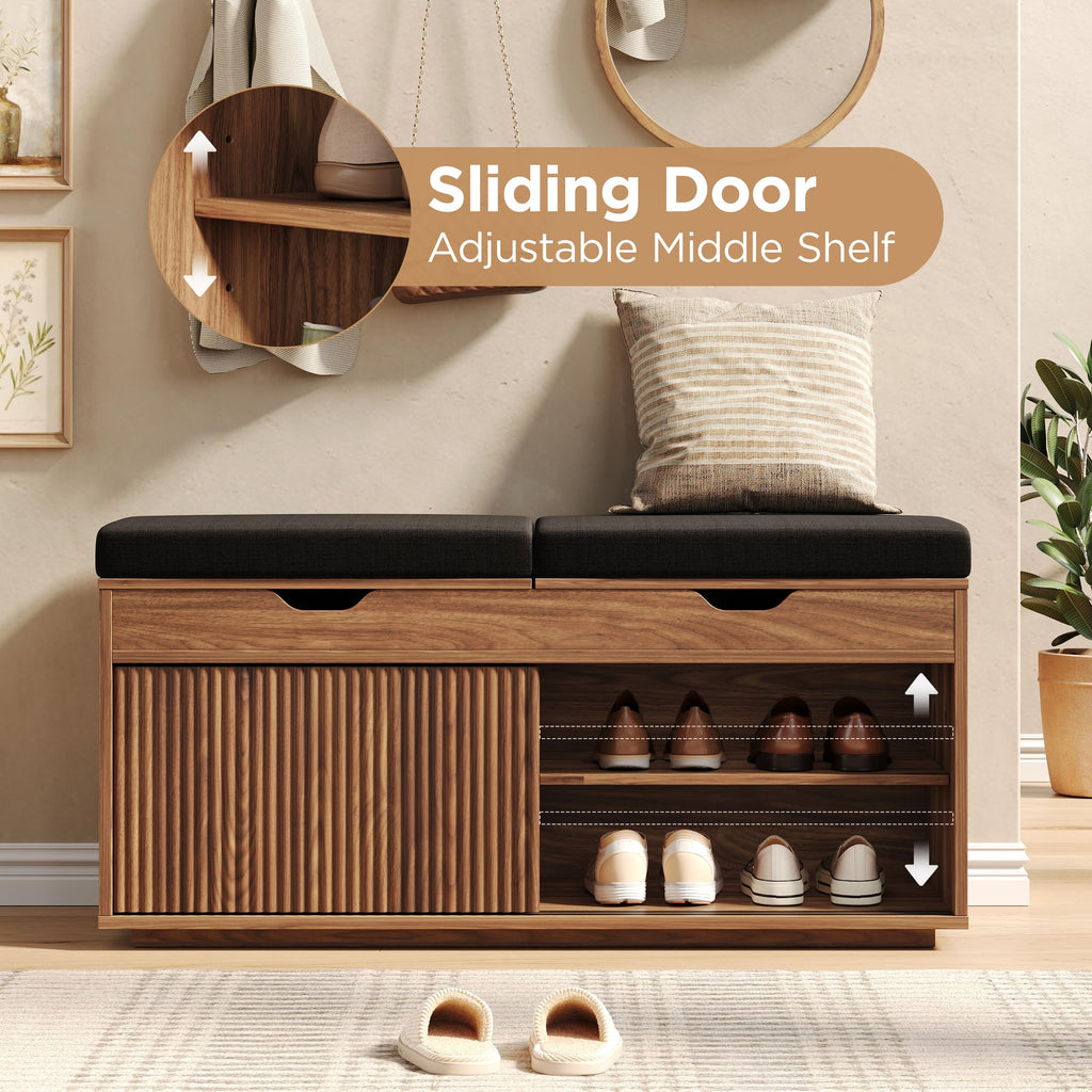 39.4" Fluted Shoe Storage Bench with Lift Top Storage, 2-Tier Shoe Cabinet
