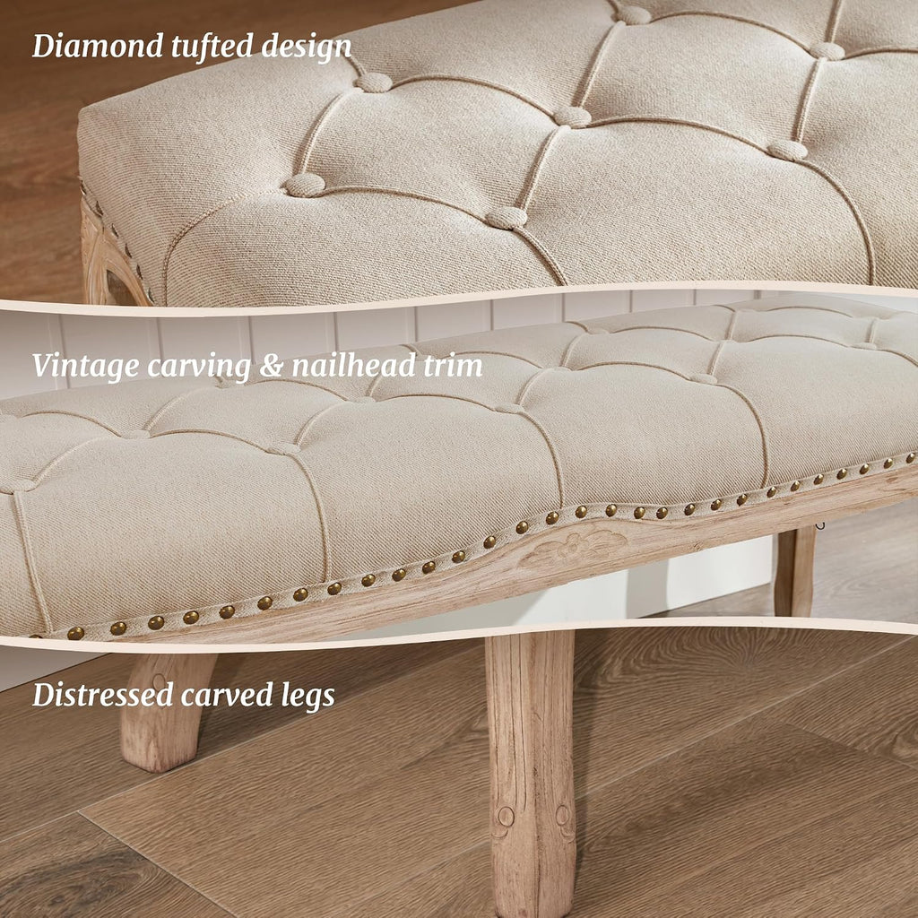Bedroom Bench, French Vintage Tufted Entryway Bench, 45.2" Carving Upholstered End of Bed Bench with Distressed Wood