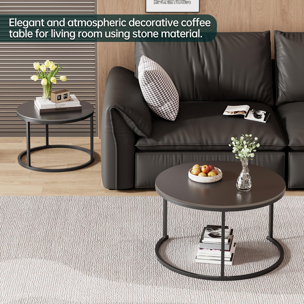 Round Nesting Coffee, Black Modern Decorative Coffee Center Set of 2, Round Sintered Stone 24'' Coffee with Sturdy