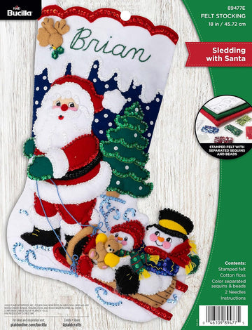 Felt Applique 18" Stocking Making Kit, Sledding with Santa