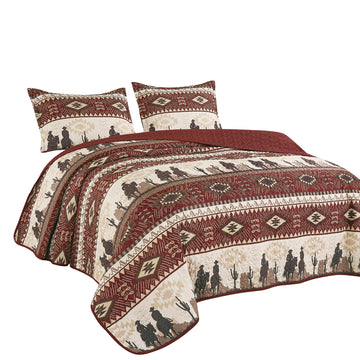 Beige/Burgundy Cowboy Desert Southwestern Print Bedspread 3 Piece west Theme Cabin Lodge Ranch Design Coverlet Quilt