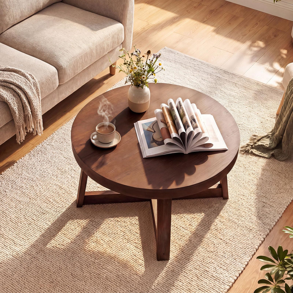 Round Coffee Table, 30" Wood Center Table, Walnut