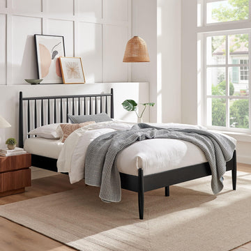 Zane King Size Spindle Bed in Black - Solid Wood Platform Bed Frame with Headboard, No Box Spring Needed