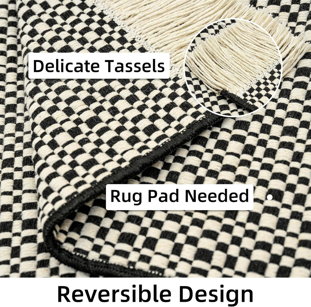 Checkered Runners 2'6''x8 Long Washable Runner Rug with Tassels Cotton Woven Entryway Rugs Checkerboard Indoor Carpet