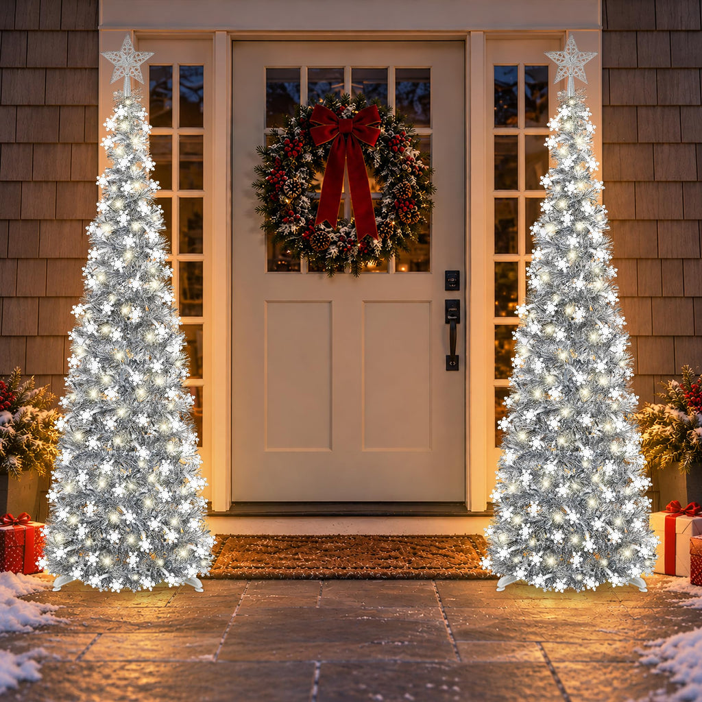 5FT Pop-up, Christmas Decor Silver White Snowflake with Timer String Lights, Collapsible Artificial Pencil Tree Xmas