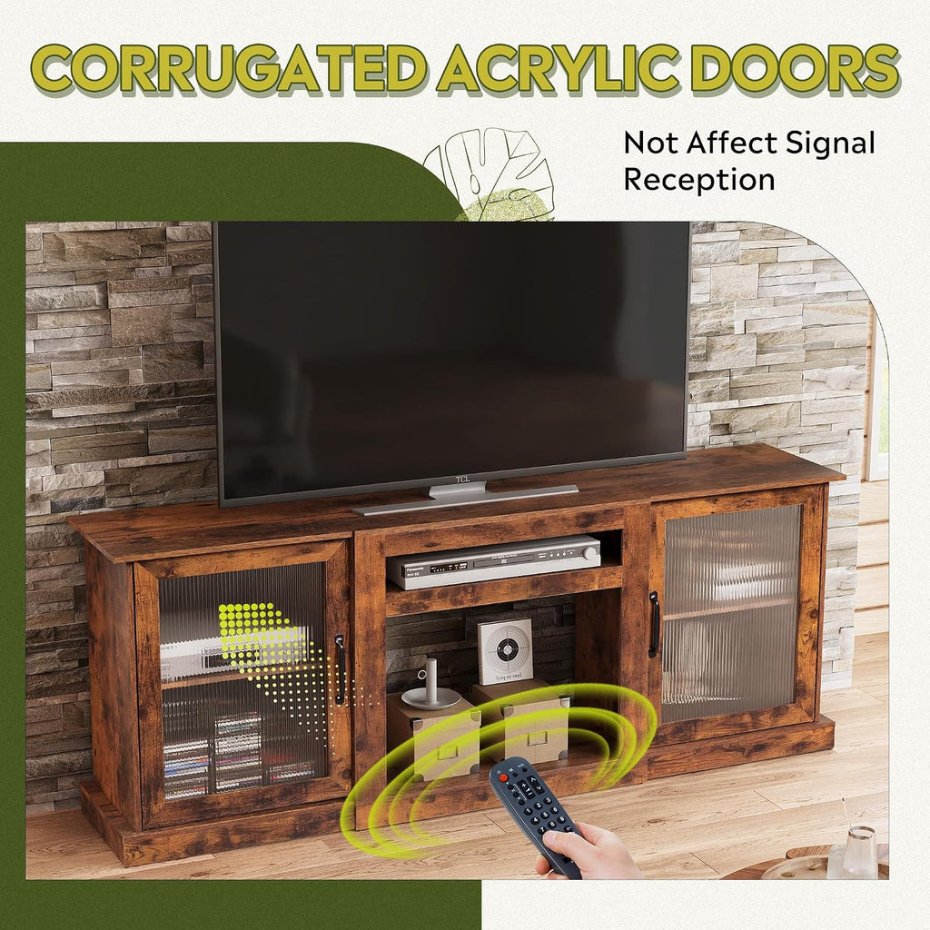Farmhouse TV Stand for 75 inch TV, Entertainment Center with Storage Cabinets, Mid Century Modern TV Console for