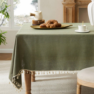 Tassel Linen Square Table Cloth, Olive 60x60 Inch