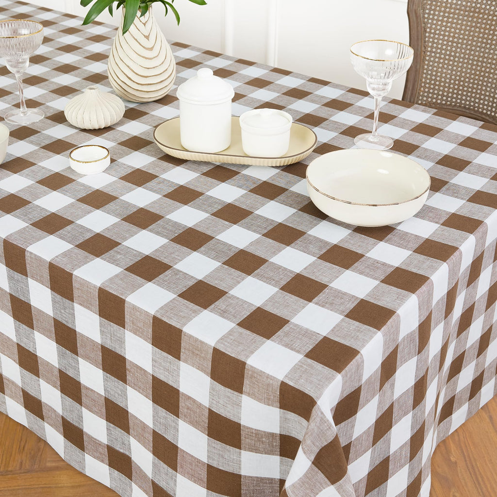 Linen Buffalo Plaid Tablecloth, 60x108 In, Brown and White