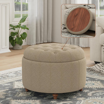 25Inch Round Storage Ottoman, Small Round Ottoman Coffee Table with Storage | Tufted Fabric Storage Ottoman with