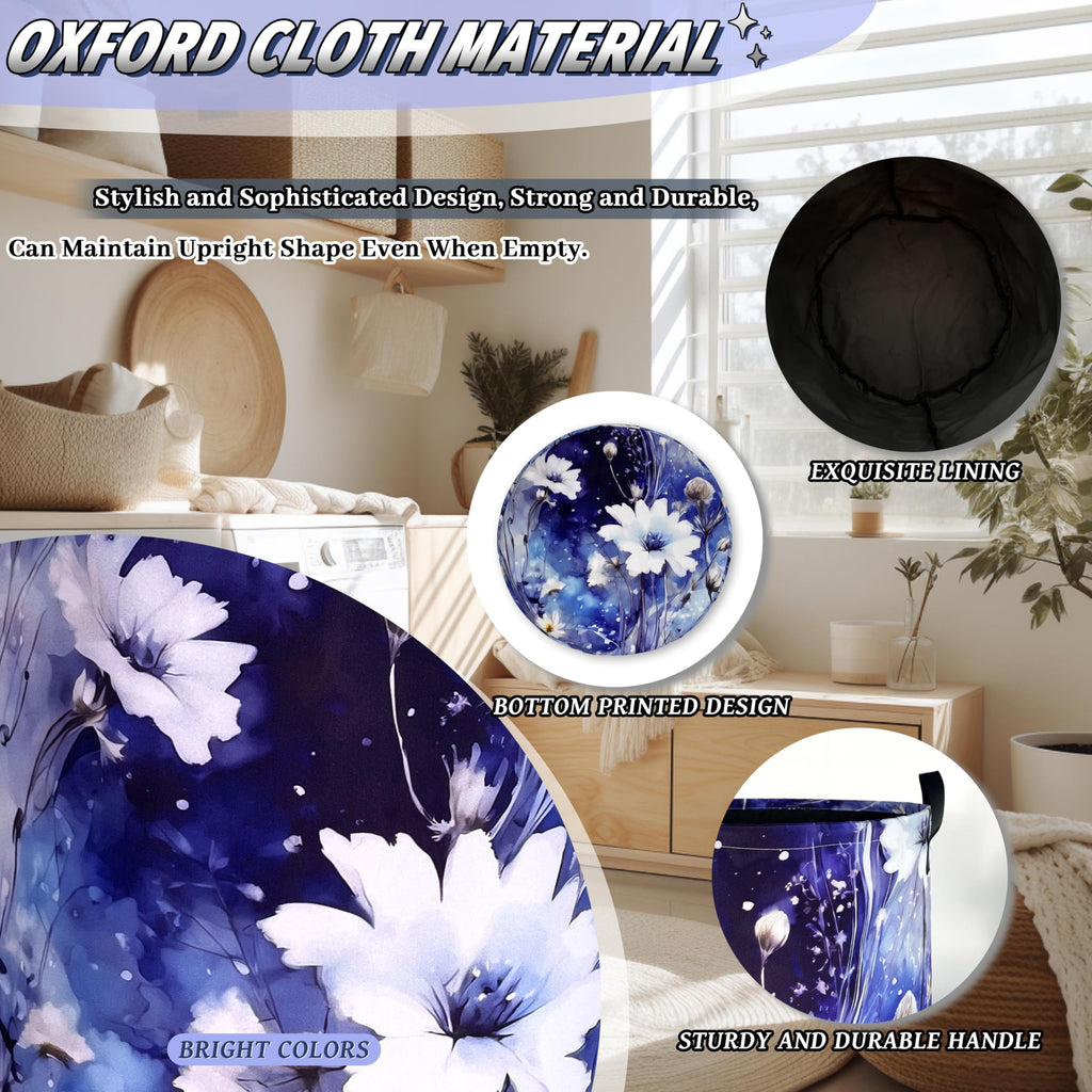Blue Daisy Floral Laundry Basket Oxford Cloth Foldable Hamper 18.9x16.5 In