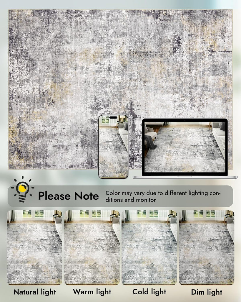 Area Rug Living Room Rugs - 8x10 Modern Abstract Soft Indoor Neutral Washable Rug Stain Resistant Non-Slip Low Pile