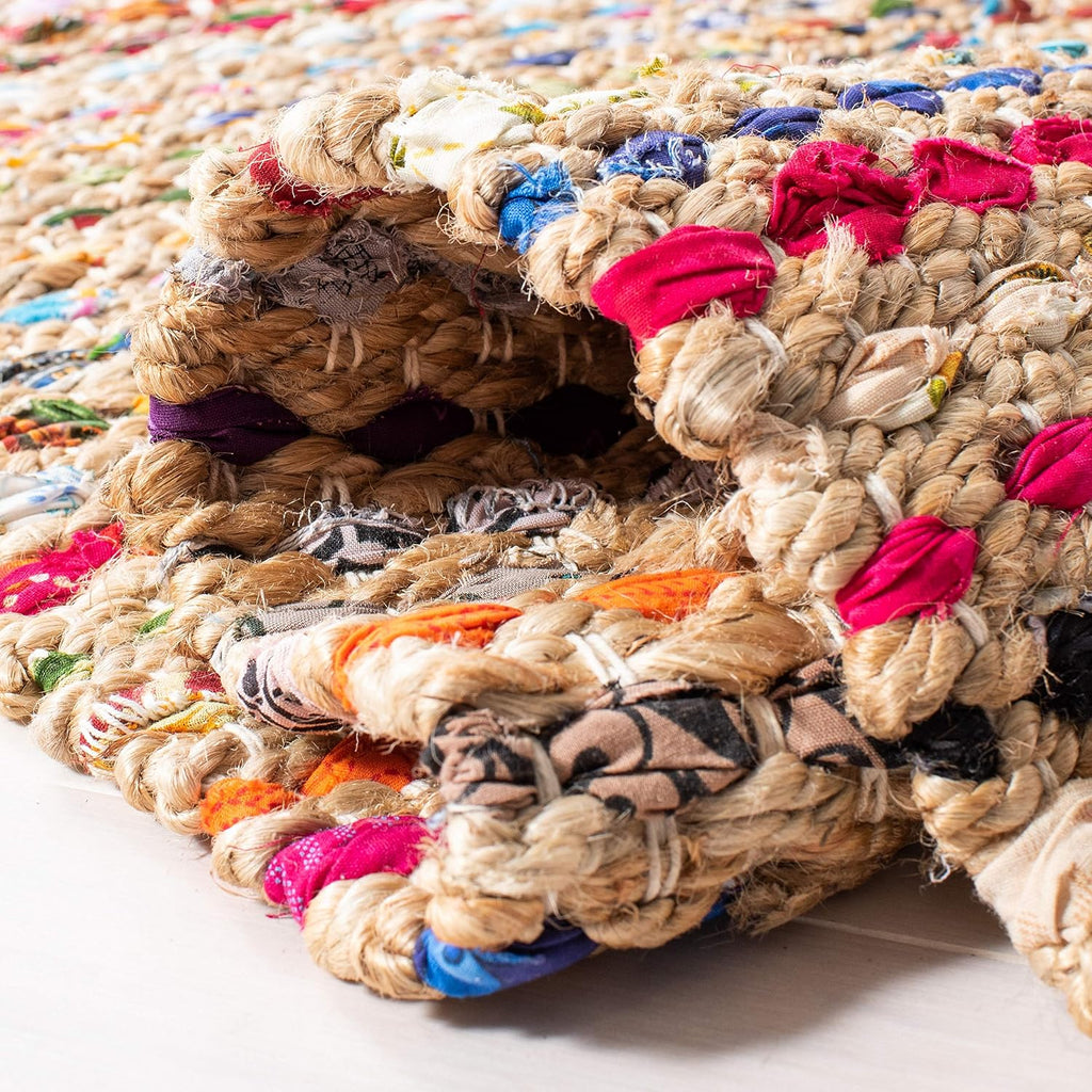 Cape Cod Collection Area Rug - 6' Square, Natural & Multi, Handmade Boho Braided Jute, Ideal for High Traffic Areas