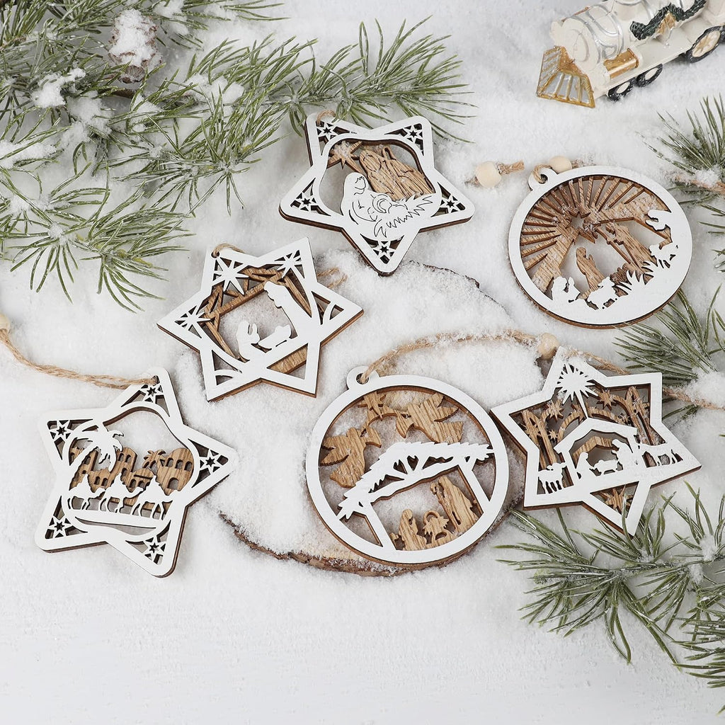 Wooden Nativity Scene Christmas Tree Ornaments Set - Set of 18