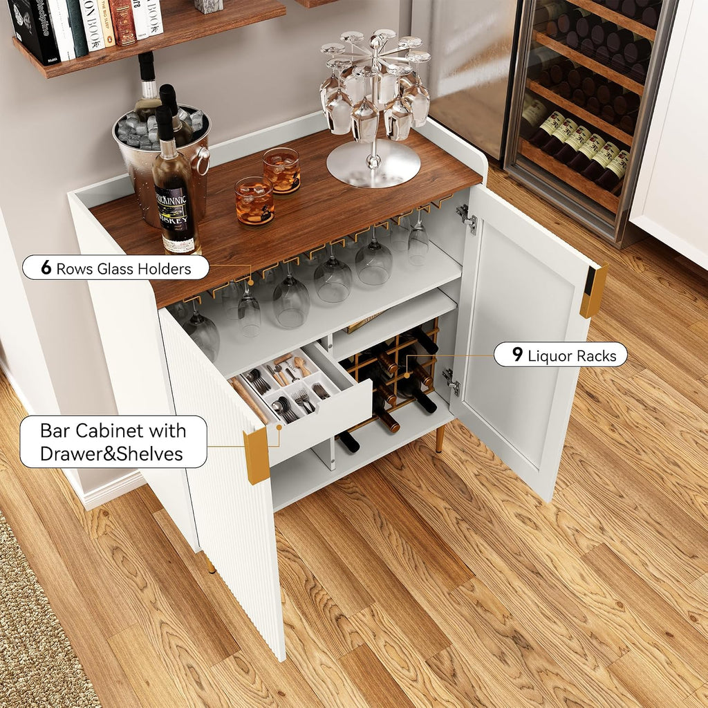 Wine Bar Cabinet with Fluted Texture, White | Modern Coffee Cabinet with Wine Rack&Glass Holder, Kitchen Buffet
