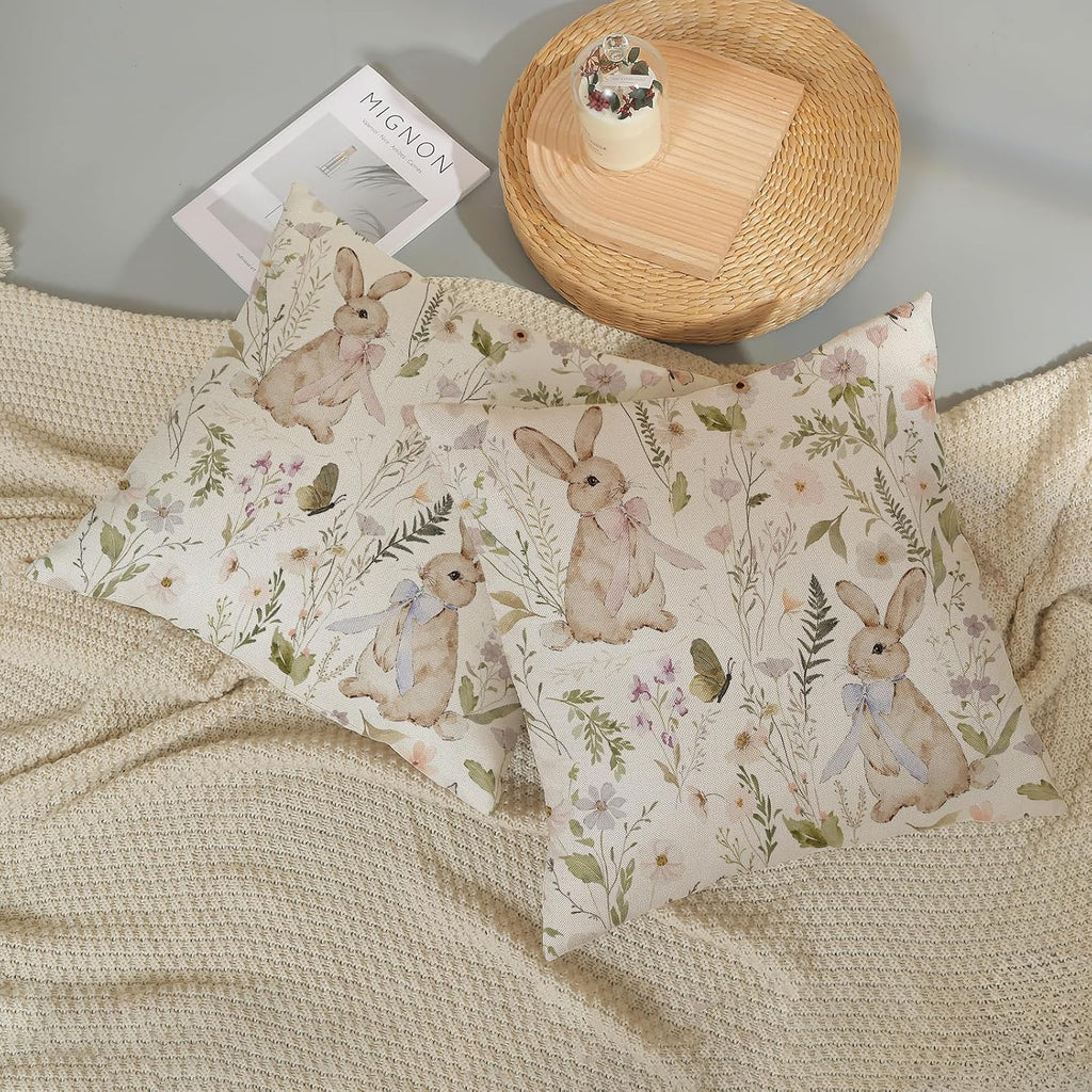 Spring Easter Pillow Covers 18x18 Inch Botanical Watercolor Floral Bunny Throw Pillows Flower Rabbit - Set of 2