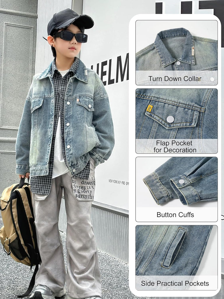 Boys Denim Jacket, Kids Oversized Jean Jackets Cowboy Coat