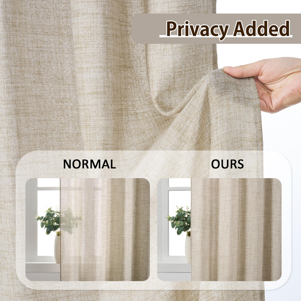 Beige Sheer Curtains 132 Inches Long with Pinch Pleat, Memory Trained Pleated Drapes Hooks Linen Textured Boho Extra