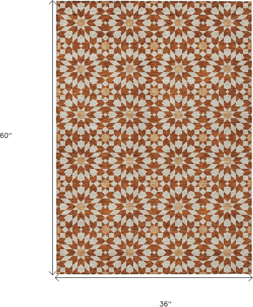 3' X 5' Orange Beige and Copper Floral Medallion Washable Indoor Outdoor Area Rug