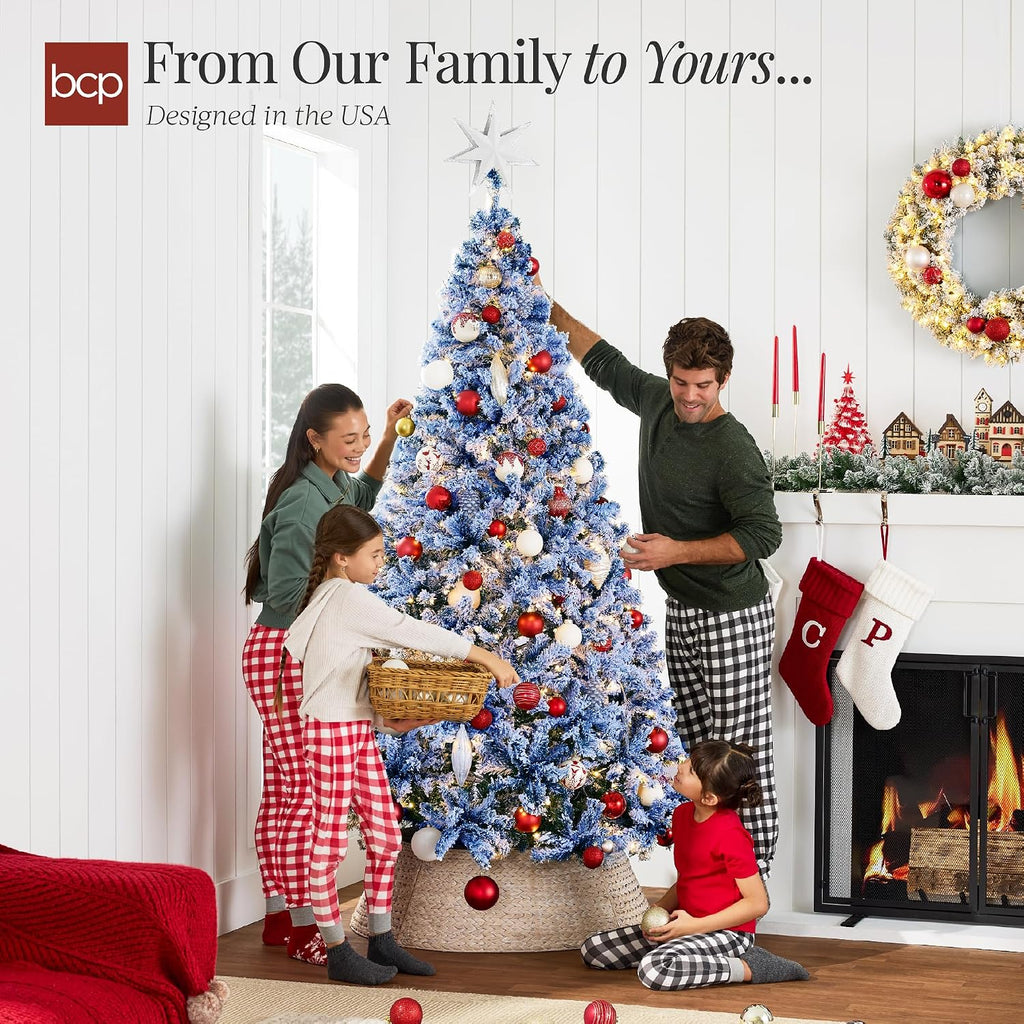 Pre-Lit Blue Christmas Tree, Artificial Flocked Full Fir Tree, Holiday Decoration w/ 900 Lights, 2,094 Branch Tips