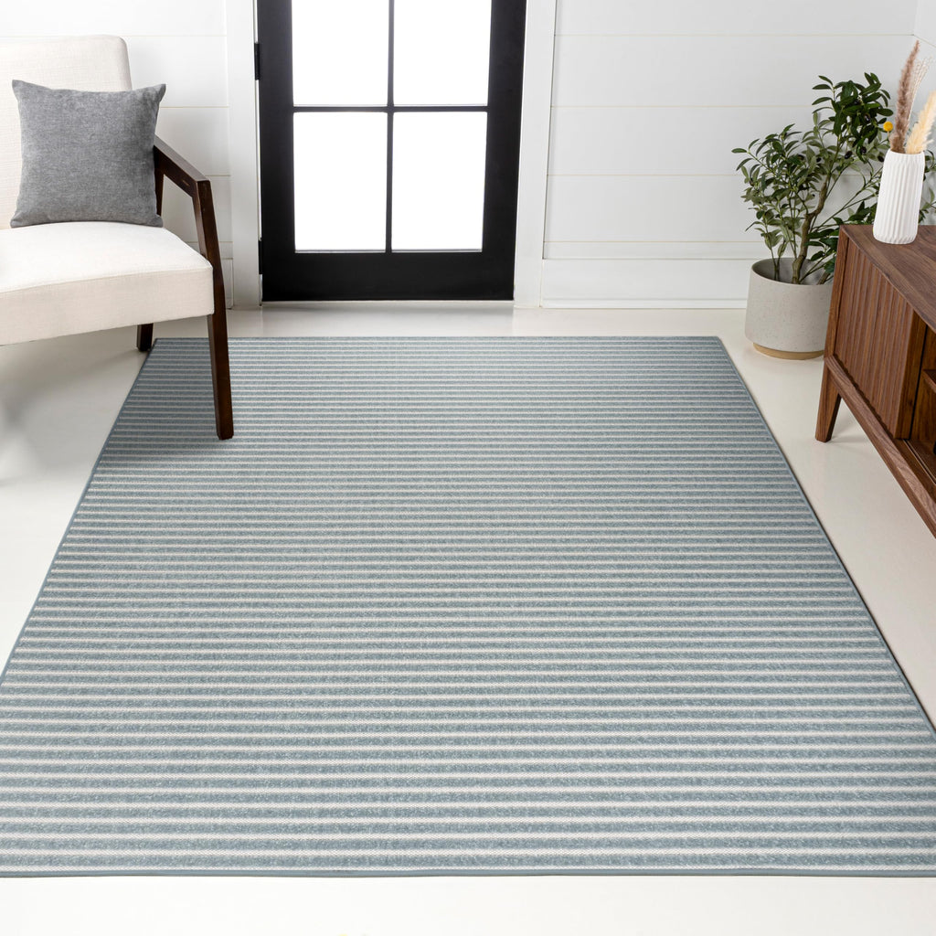 Aarhus High-Low Striped Blue Indoor/Outdoor Area Rug 8x10, Minimalist Geometric, Classic, Farmhouse, Cottage, Vintage