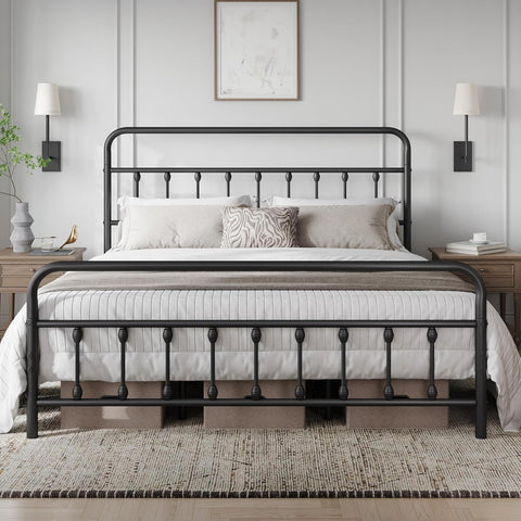 Classic Metal Platform Bed Frame Mattress Foundation with Victorian Style Iron-Art Headboard/Footboard/Under Bed