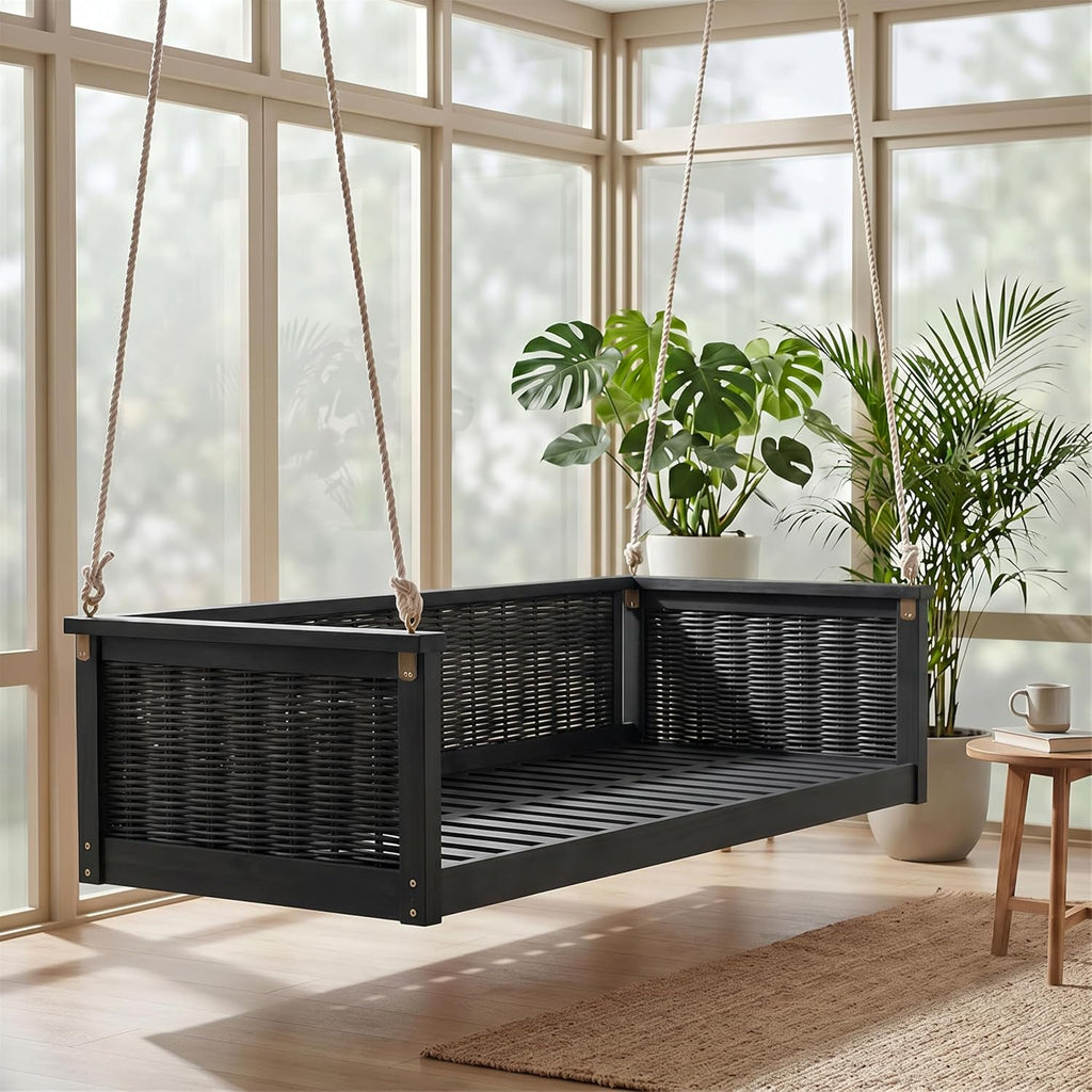 79.5" Acacia Solid Wood Porch Swing Bed Twin Size Rattan Hanging Daybed with Hemp Ropes, Garden Classic Patio