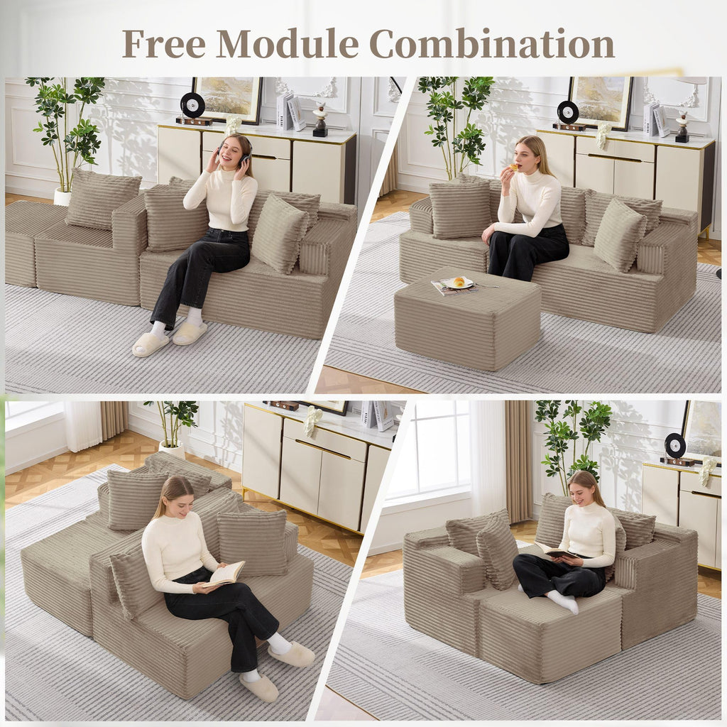 Cloud Modular Sectional Sofa with L-Shaped, Boneless Couches, Fluffy Comfy Corduroy Deep Seat with Ottoman, Bedroom