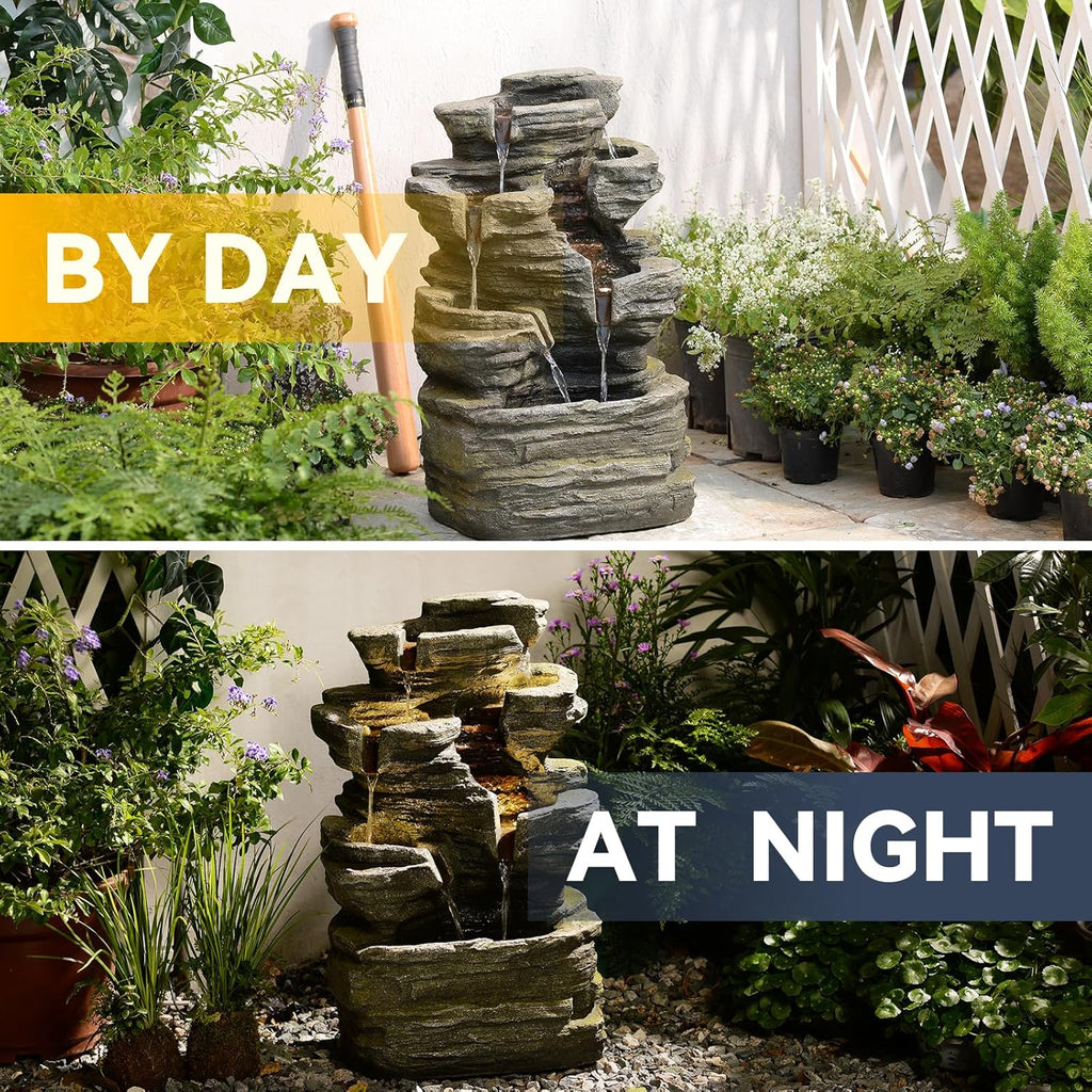 24.2" H Rock Cascading Water Fountain Outdoor&Indoor, 6-Tier Garden Fountains, Floor-Standing Waterfall with Lights