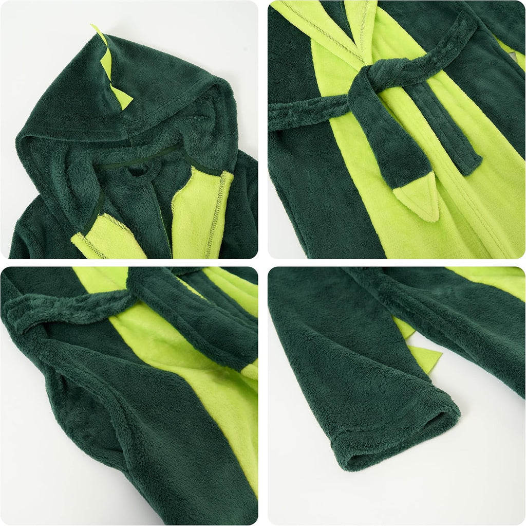 Kids Robe Boys Girl Dinosaur Plush Fleece Hooded Bathrobe