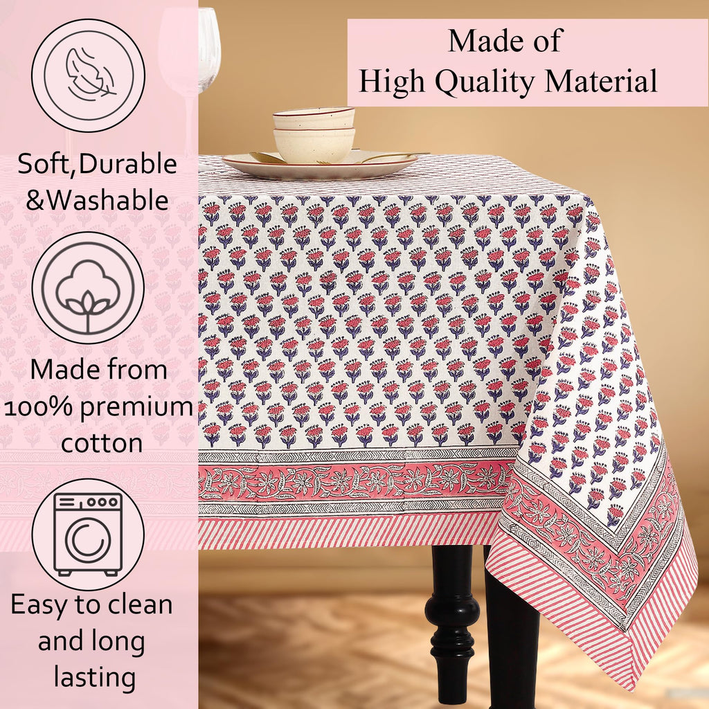 CPC Pink Sapphire Block Print 100% Cotton Square Tablecloth 60x60 Inch