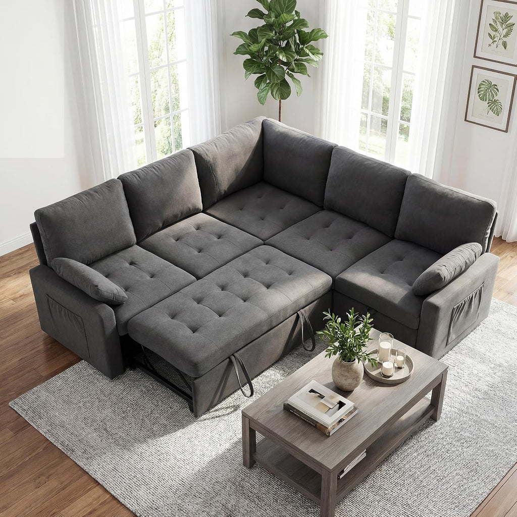 82" Pull Out Couch with Storage, Sleeper Sofa, 5 Seat L Shaped Sectional Couches , Modular Sectional Couch with